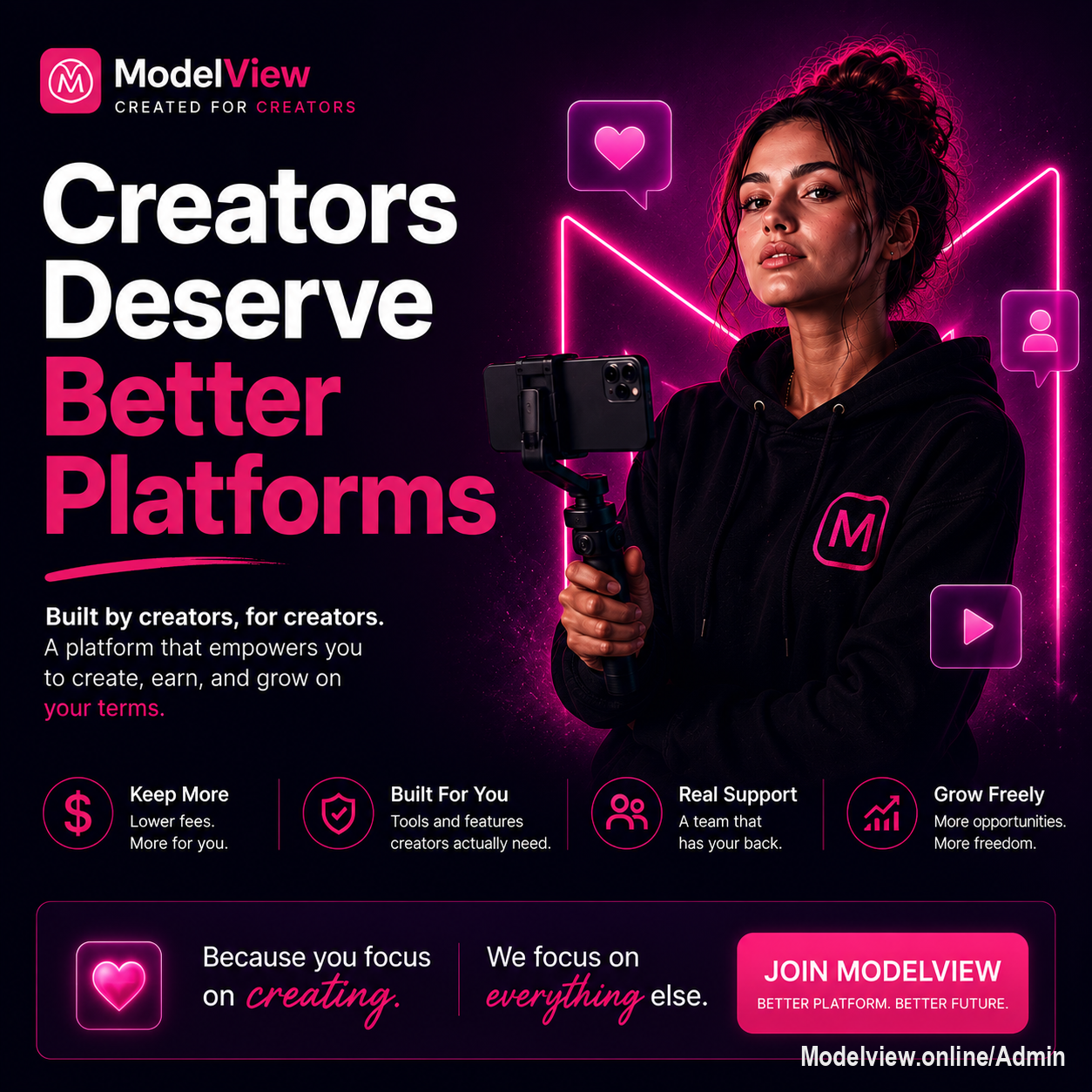 At ModelView, we believe creators deserve more—more freedom, more control, and more of what they earn.

Because your creativity is valuable, and the platform you choose should reflect that.

💜 Creators deserve better. Welcome to ModelView.

#ModelView #CreatorsFirst #CreatorEconomy #ContentCreators #CreatorPlatform #CreateWithoutLimits