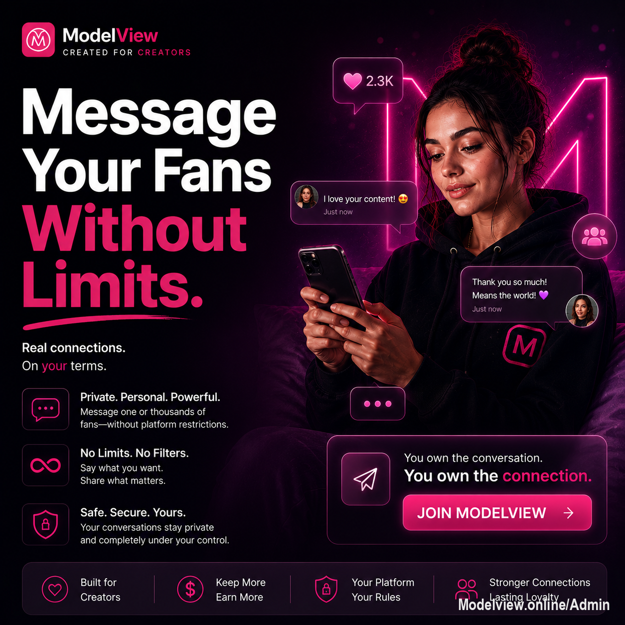 With ModelView, you can message your audience freely, strengthen real connections, and grow your community on your terms.
💜 Your conversations. Your community. Your rules.
website: https://modelview.online
#ModelView #CreatorsFirst #FanConnection #CreatorCommunity