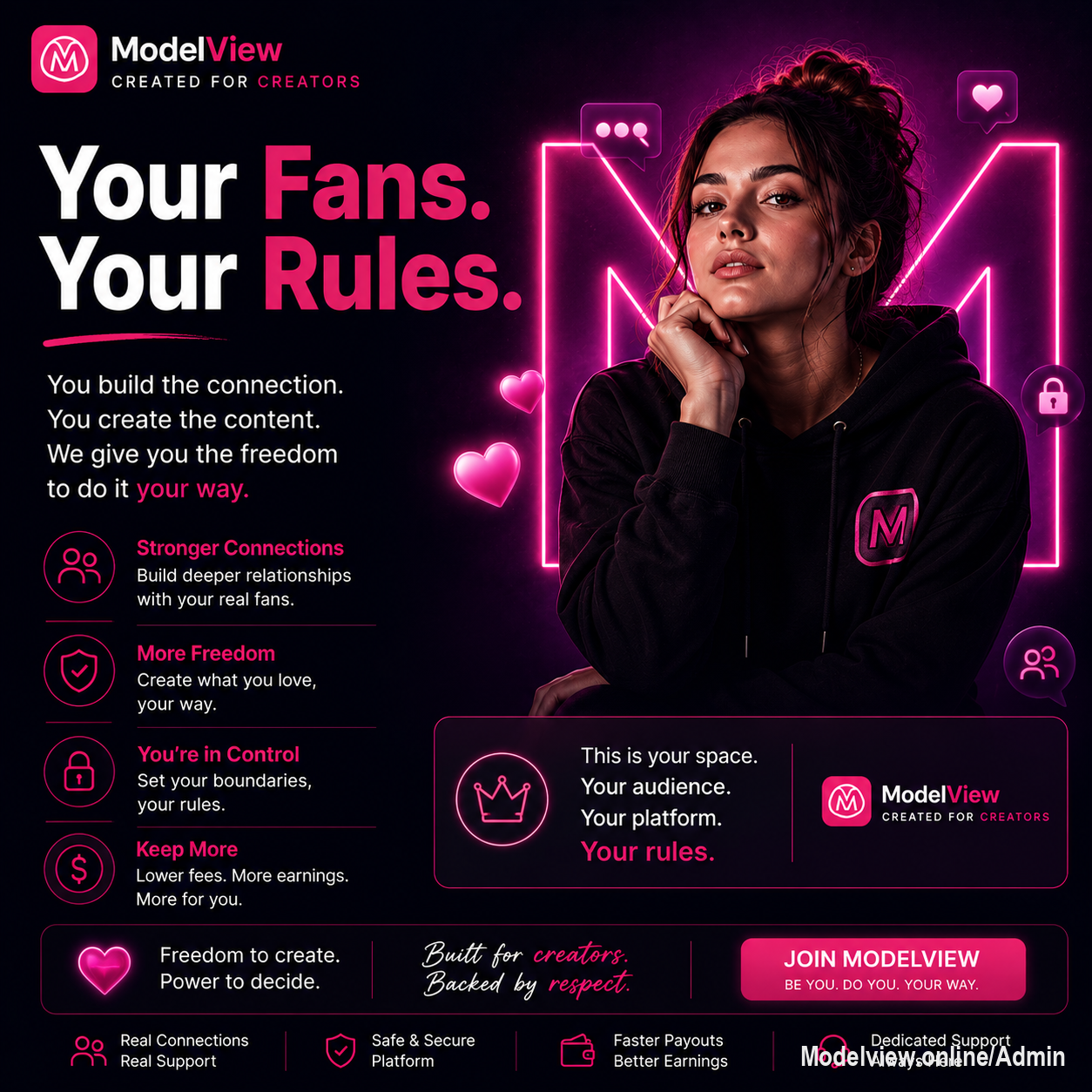 Real creators deserve real freedom.
No unnecessary barriers. No unnecessary limits.
Just you, your audience, and the freedom to grow your business.
Your Fans. Your Rules.
💜 ModelView — Built for creators.
#ModelView #CreatorPlatform #CreatorFreedom #OnlineCreators #CreatorsFirst